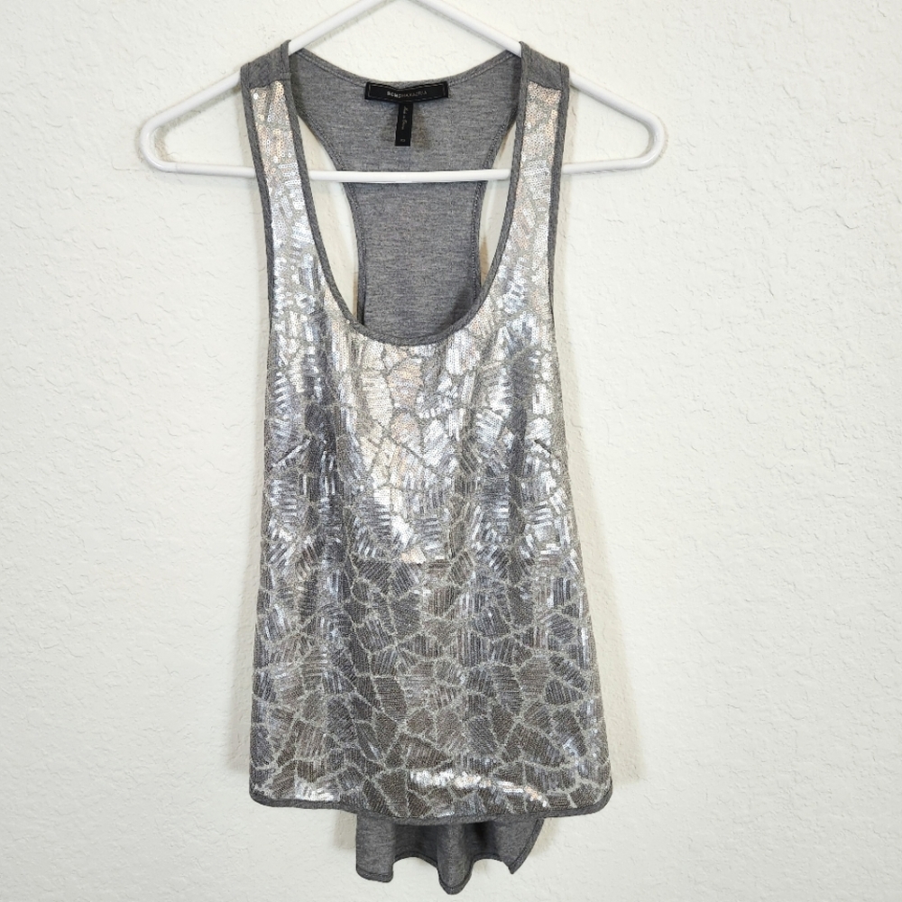 BCBGmaxazria | New Racerback Sequin Front Tank Top Gray Silver XS